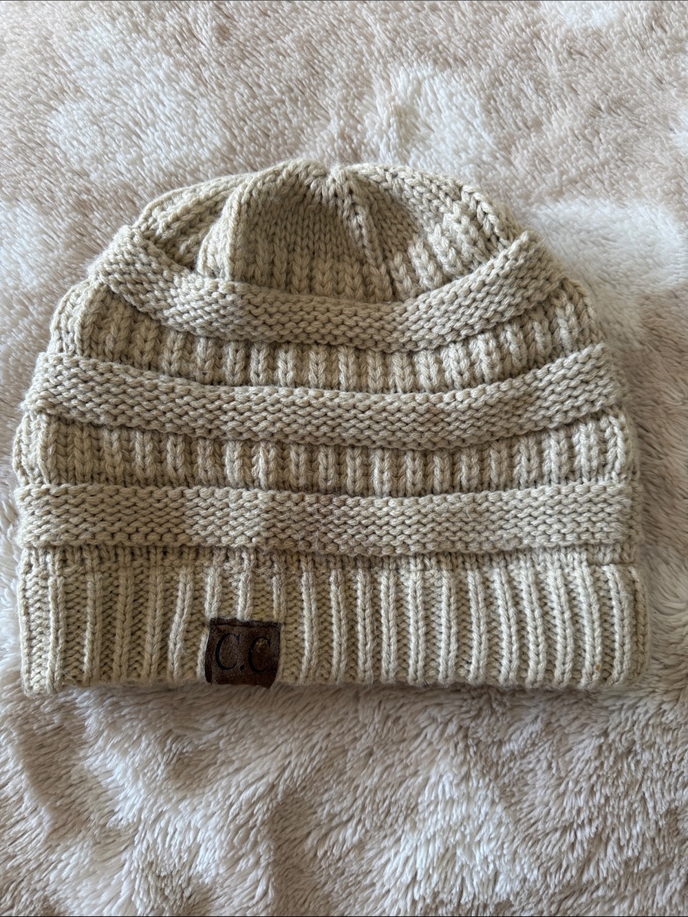 C.C Knit Fold-Over Beanie in Beige